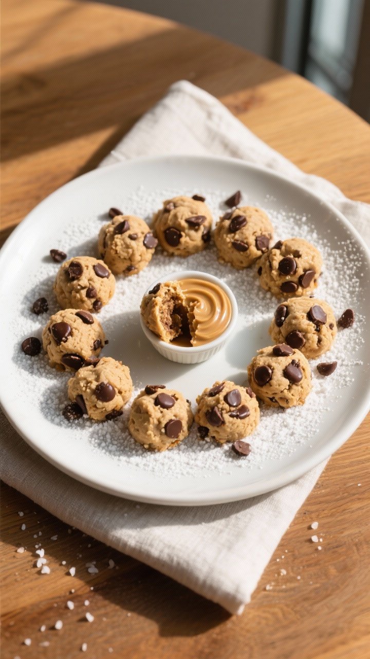 Final dish, tasty top view: Overhead shot of beautifully plated Keto Chocolate Chip Cookie Dough Bit