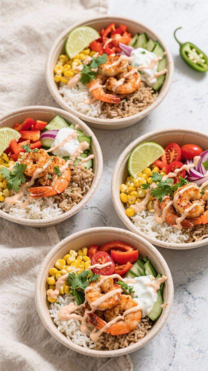 Final dish, tasty top view: Overhead shot of Chili Lime Shrimp Meal Prep Bowls arranged in four airt