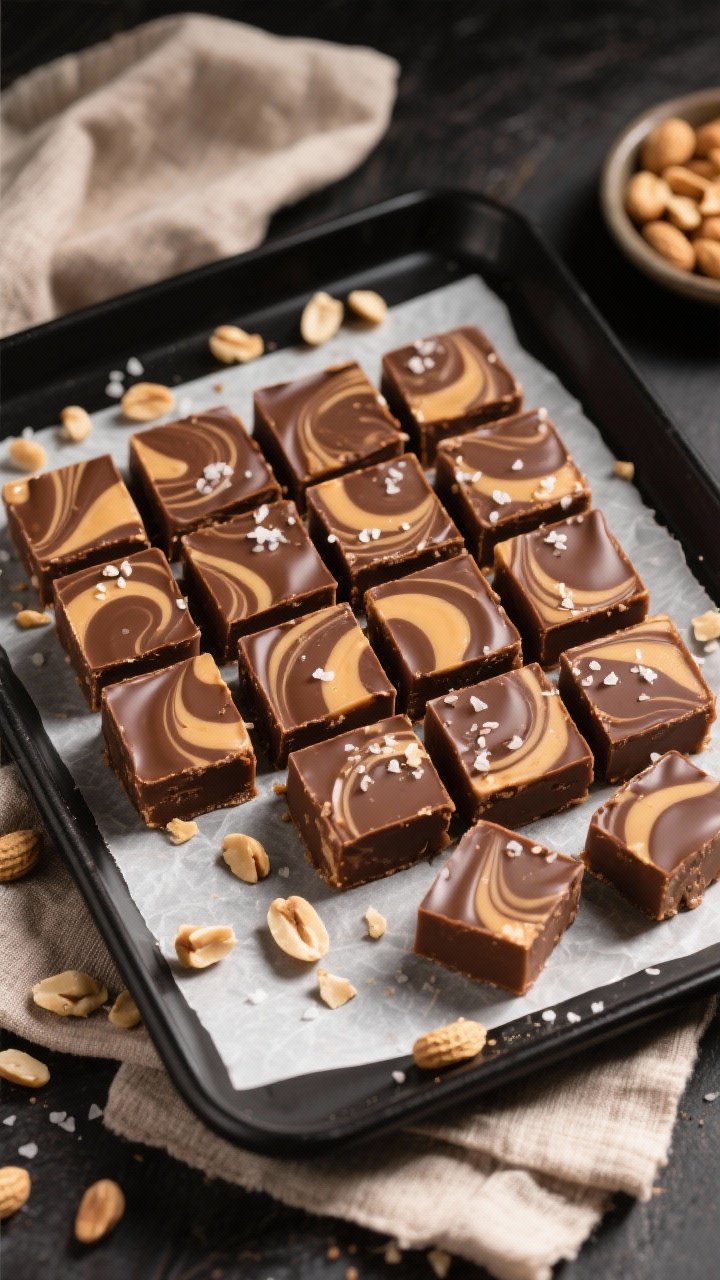 Final dish, tasty top view: Overhead shot of chilled Keto Chocolate Peanut Butter Swirl Fudge cut in