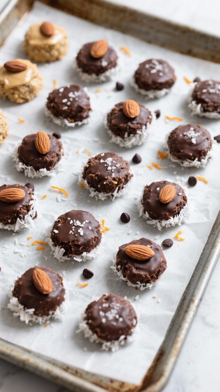 Final dish, tasty top view: Overhead shot of chilled Healthy No-Bake Chocolate Coconut Macaroons arr