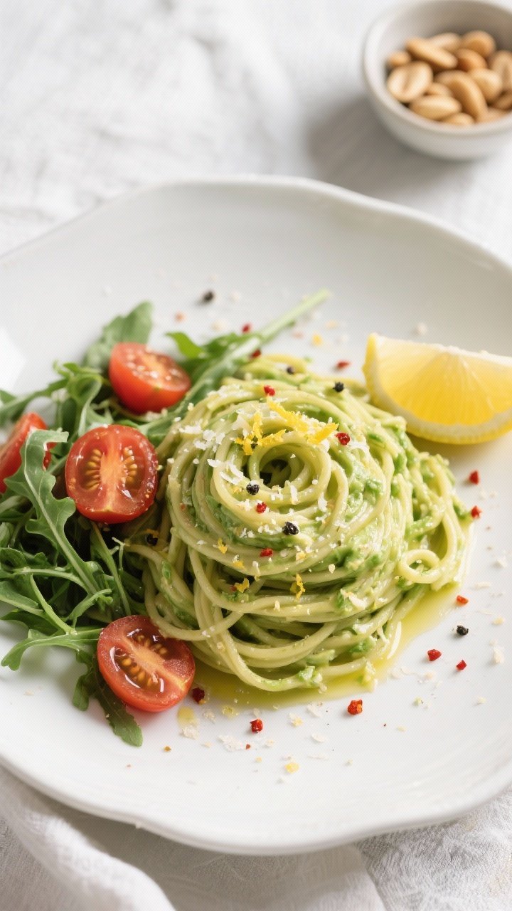 Final dish, tasty top view: Overhead shot of creamy avocado linguine twirled into nests on a wide wh