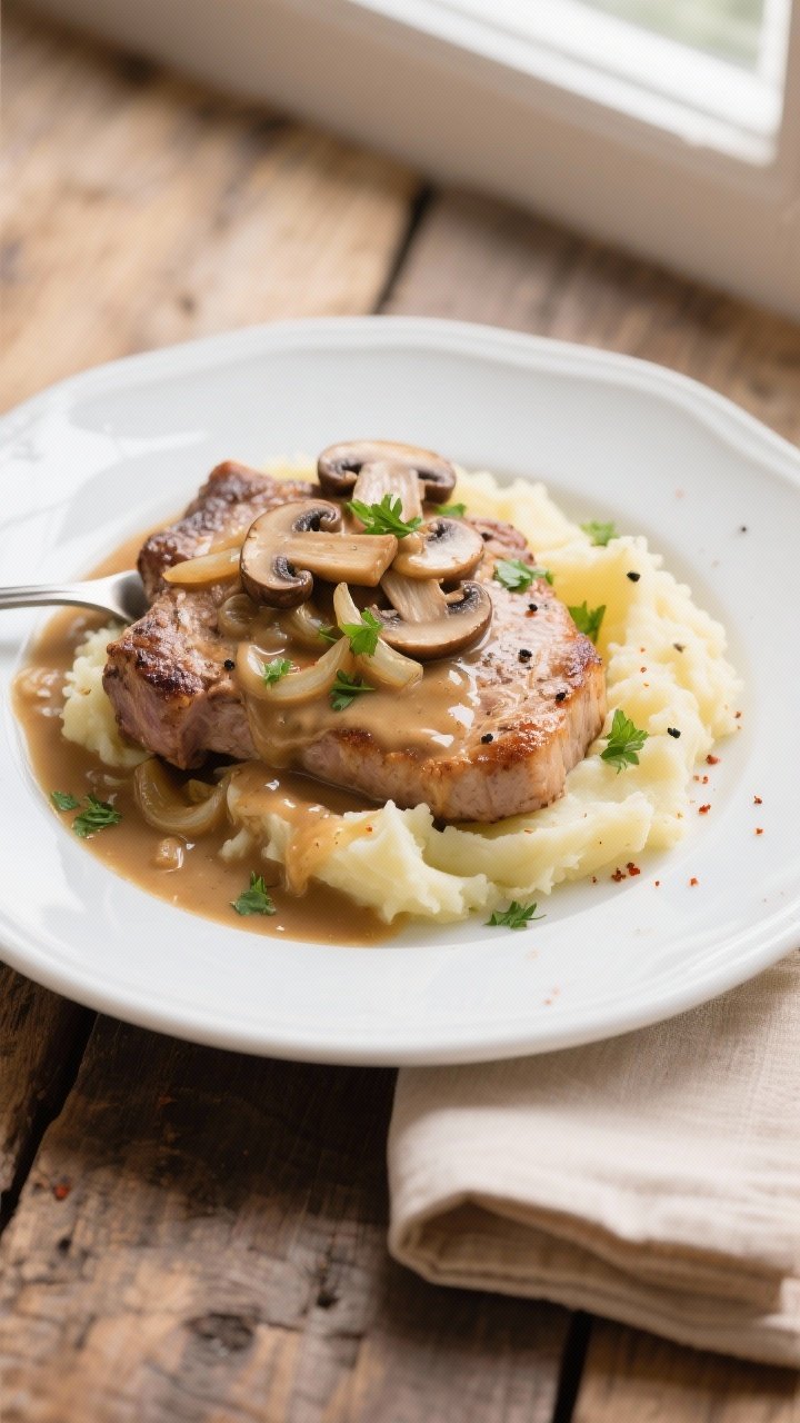 Final dish, tasty top view: Overhead shot of creamy smothered pork chops plated with buttery mashed 