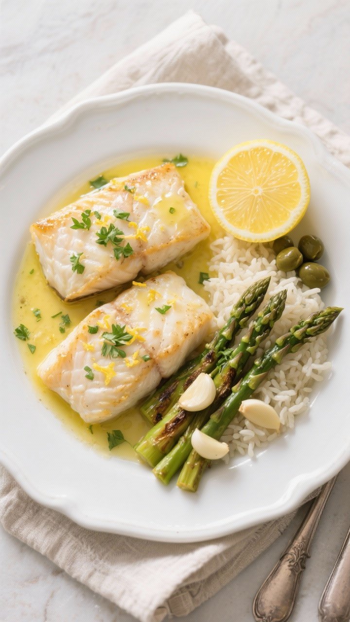 Final dish, tasty top view: Overhead shot of Easy Lemon Garlic Cod plated on a white rimmed plate, t