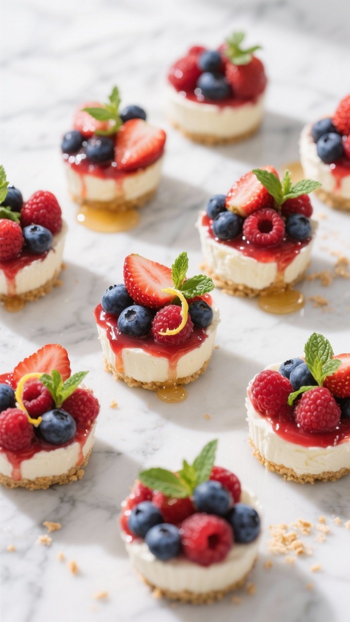 Final dish, tasty top view: Overhead shot of finished No-Bake Greek Yogurt Berry Cheesecake Cups arr