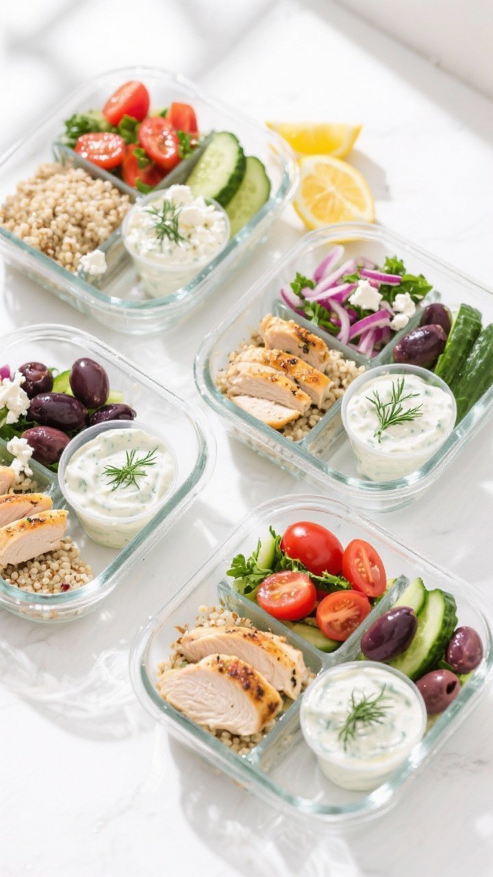 Final dish, tasty top view: Overhead shot of four glass meal prep bowls neatly arranged, each divide