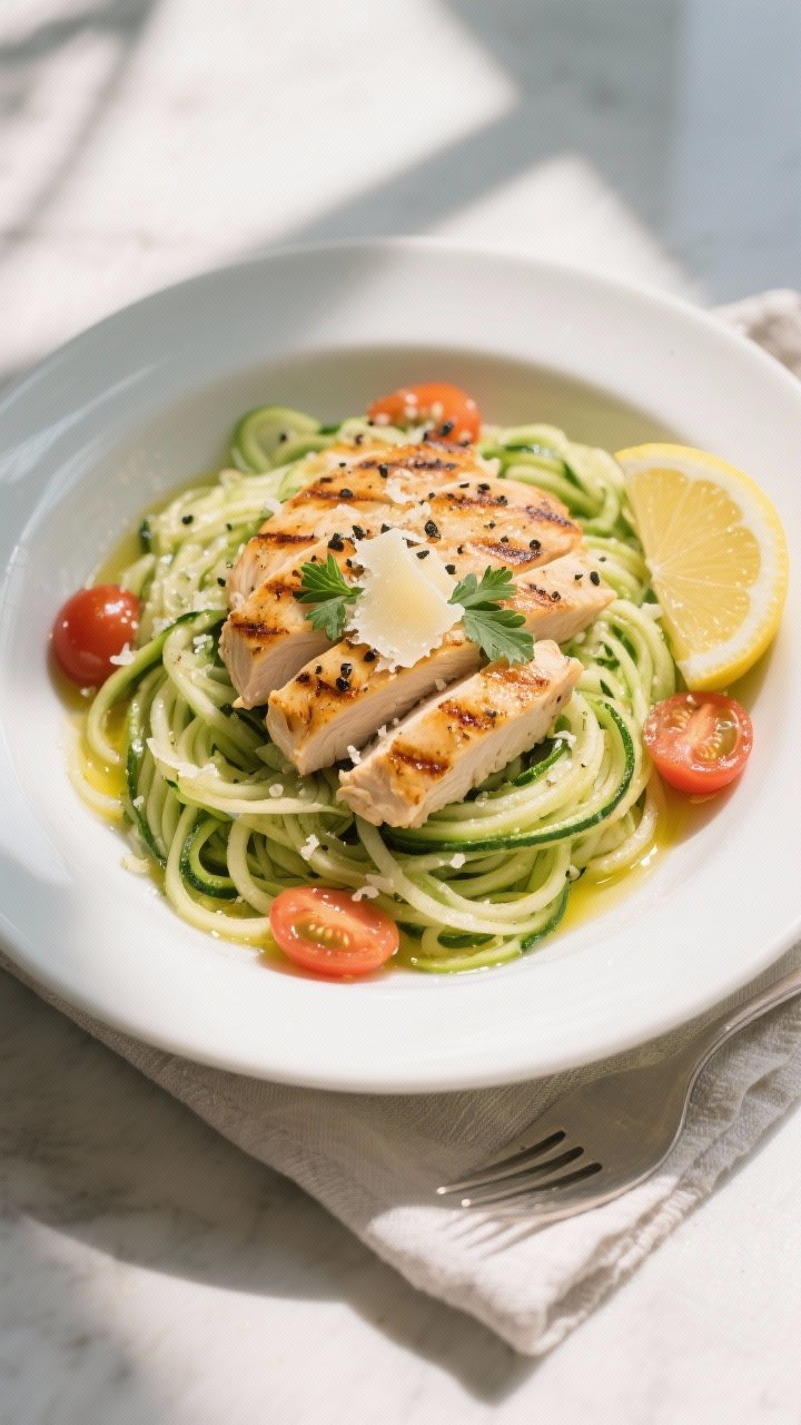 Final dish, tasty top view: Overhead shot of Garlic Lemon Zoodles with Grilled Chicken—neatly twir