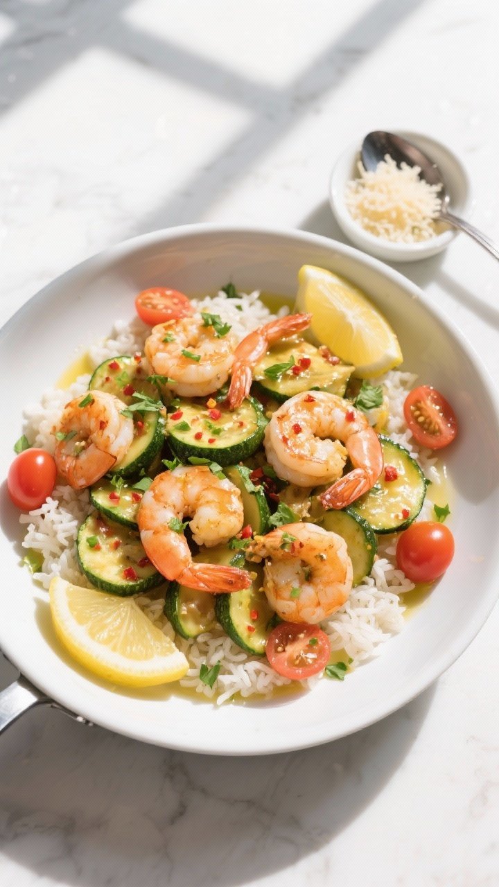 Final dish, tasty top view: Overhead shot of Garlic Shrimp & Zucchini Skillet plated family-style in
