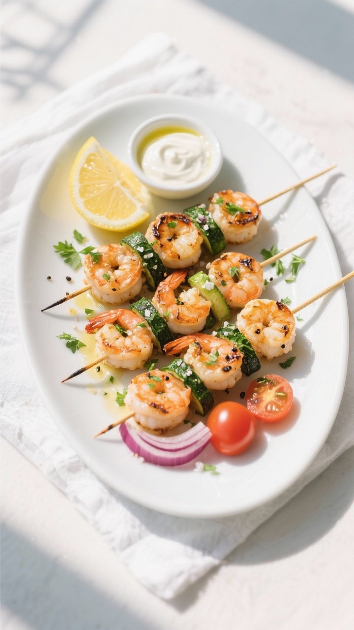 Final dish, tasty top view: Overhead shot of grilled shrimp & zucchini skewers arranged on a white o