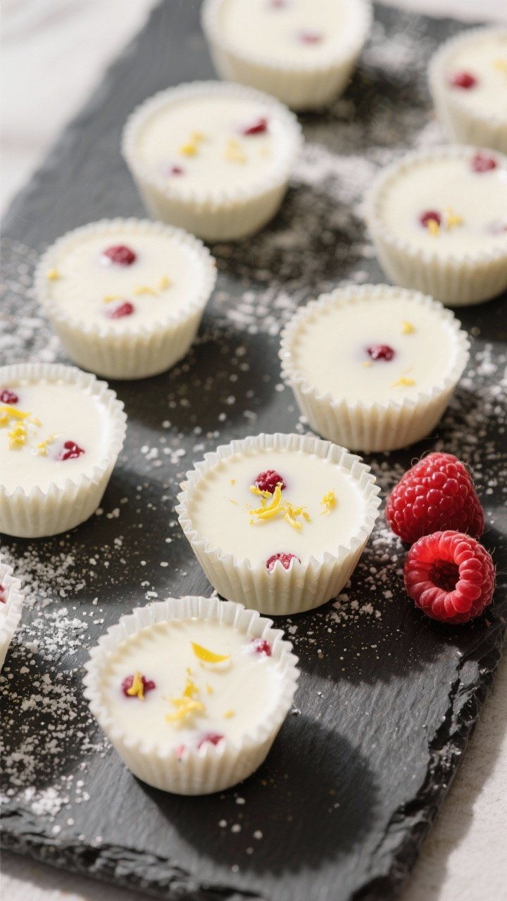 Final dish, tasty top view: Overhead shot of keto raspberry white chocolate cups after setting, unwr