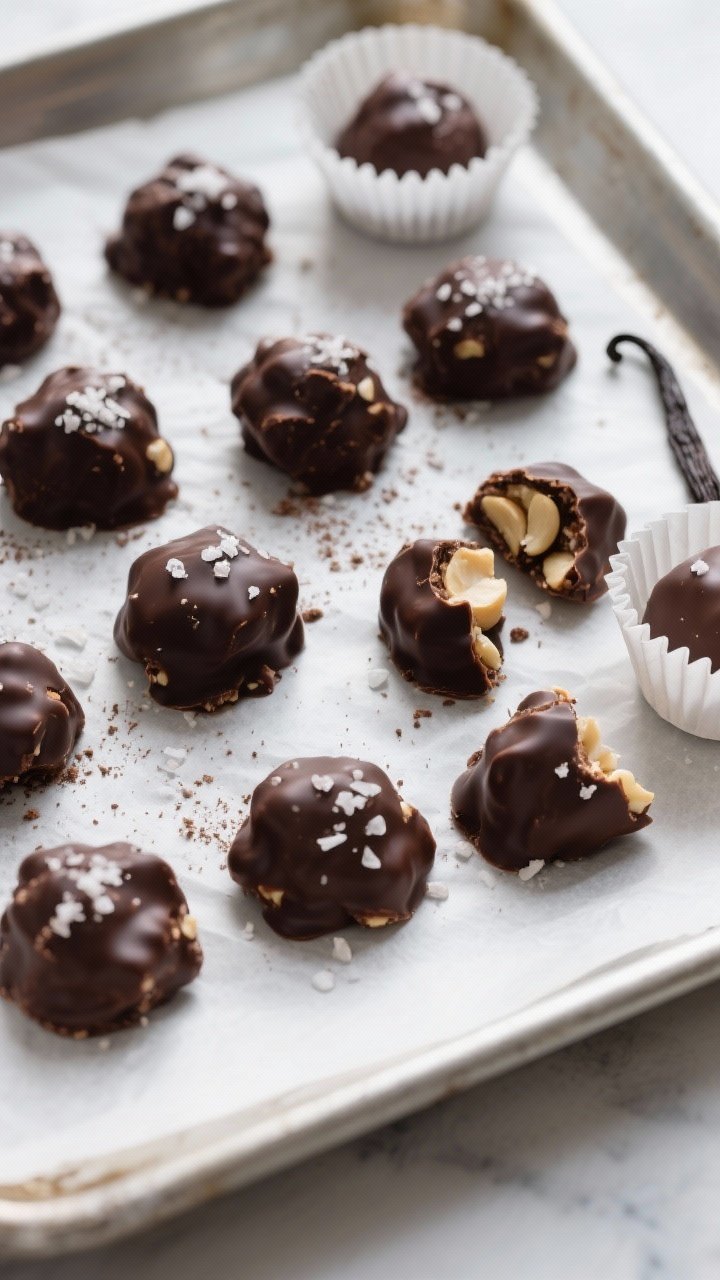 Final dish, tasty top view: Overhead shot of Keto Chocolate Macadamia Nut Clusters set on a parchmen