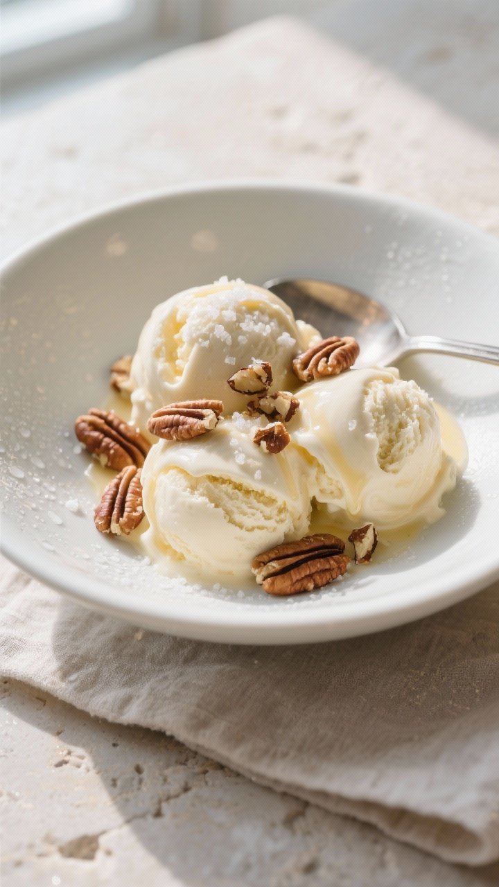 Final dish, tasty top view: Overhead shot of keto butter pecan ice cream scoops mounded in a chilled
