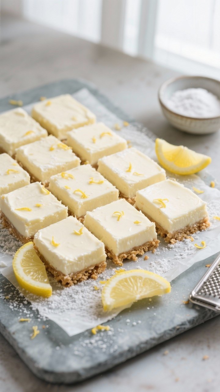 Final dish, tasty top view: Overhead shot of neatly sliced Keto Lemon Vanilla Cream Squares arranged