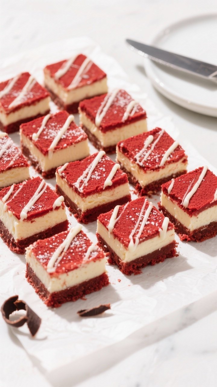 Final dish, tasty top view: Overhead shot of neatly sliced Keto Red Velvet Cheesecake Bars arranged