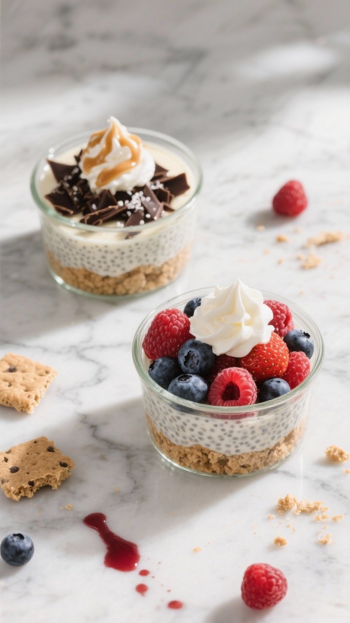 Final dish, tasty top view: Overhead shot of no-bake vanilla chia pudding dessert cups layered in cl