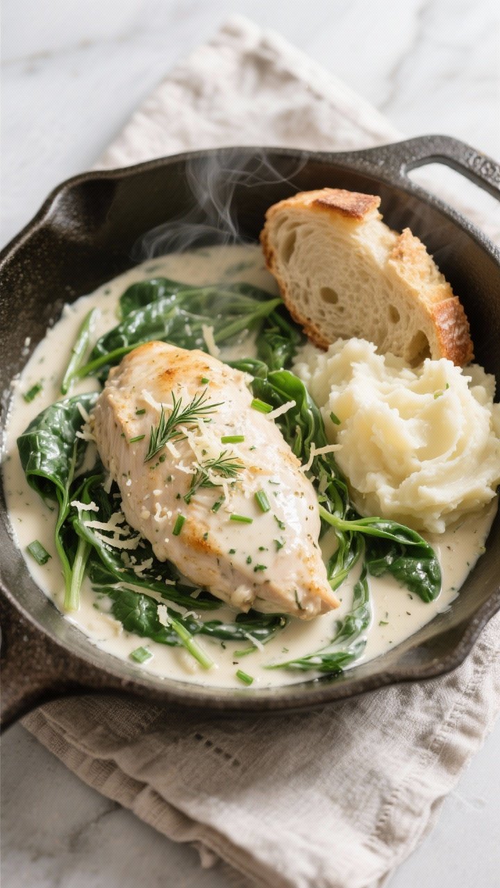 Final dish, tasty top view: Overhead shot of One-Pan Creamy Ranch Chicken nestled in a silky, pale i