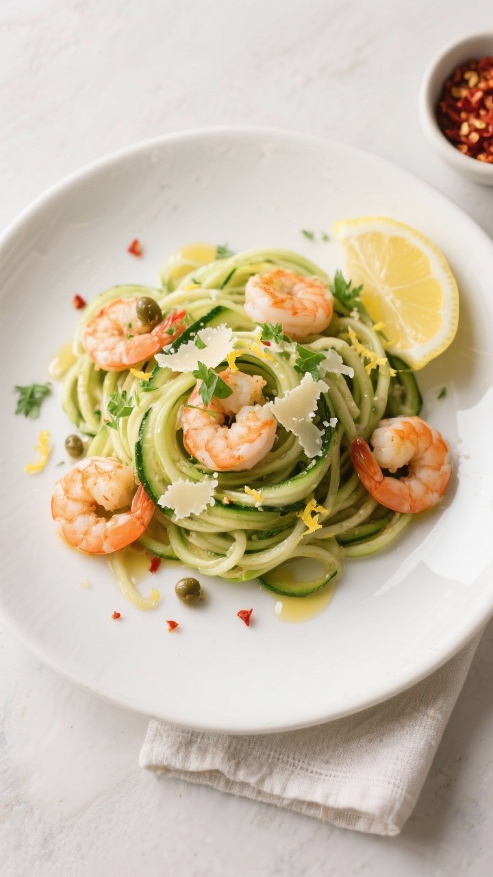 Final dish, tasty top view: Overhead shot of plated Shrimp & Zucchini Noodles twirled into a loose n