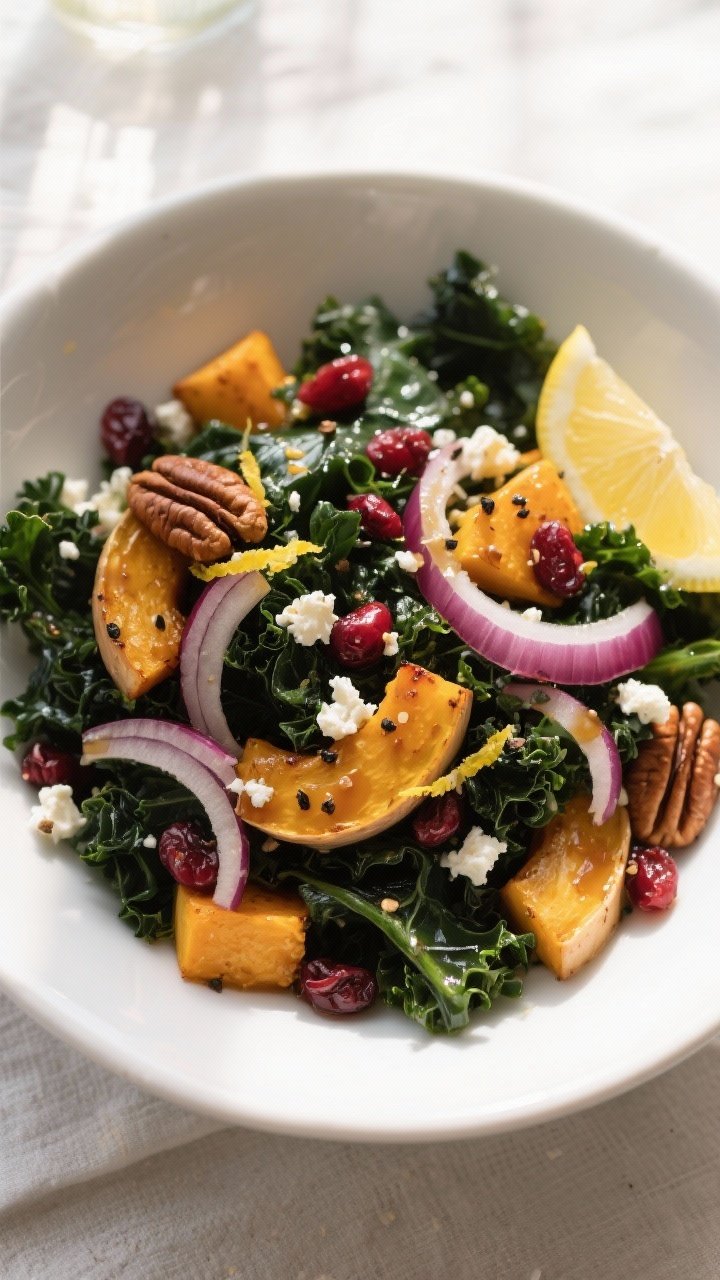 Final dish, tasty top view: Overhead shot of Roasted Butternut Squash and Kale Salad fully assembled