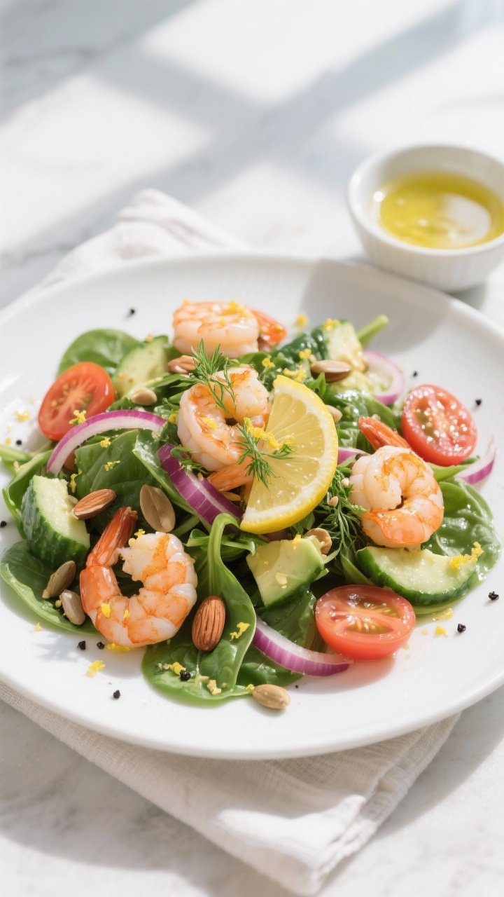 Final dish, tasty top view: Overhead shot of Shrimp & Spinach Salad with Lemon Dressing on a wide wh