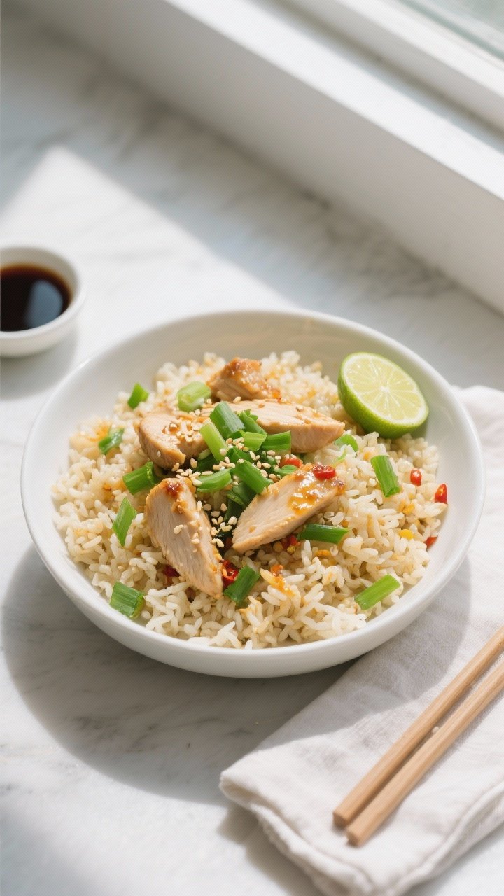 Final dish, tasty top view: Overhead shot of Simple Chicken Fried Rice plated in a wide white cerami