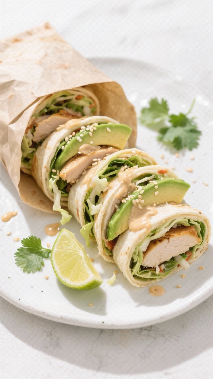 Final dish tasty top view: Overhead shot of sliced Chicken & Cabbage Slaw Wraps on a white ceramic p