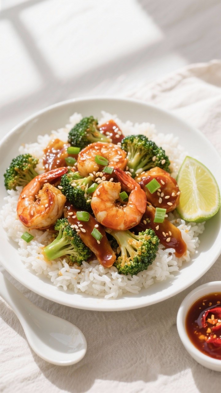 Final dish, tasty top view: Overhead shot of Spicy Shrimp & Broccoli Stir-Fry served over fluffy jas