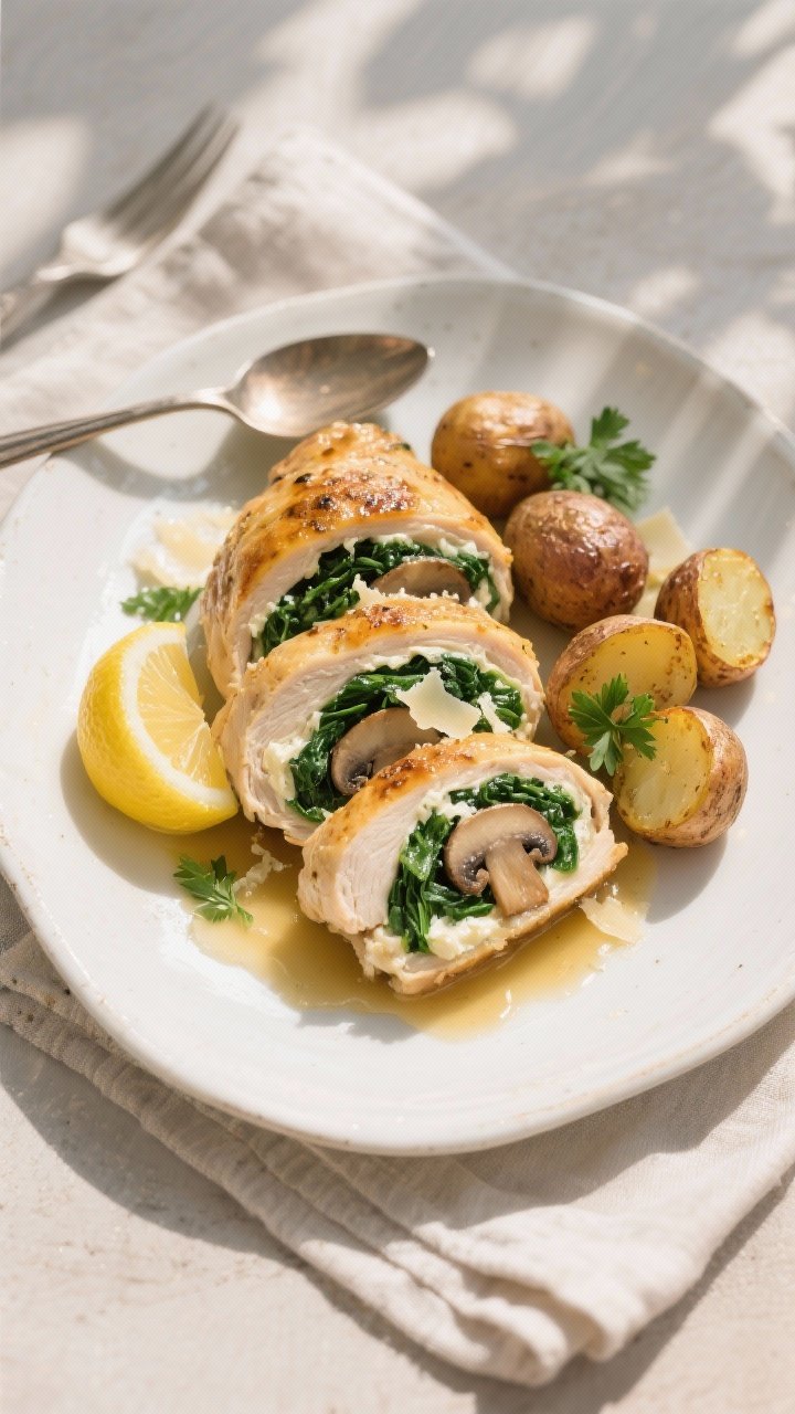 Final dish, tasty top view: Overhead shot of Spinach & Mushroom Stuffed Chicken sliced to reveal the