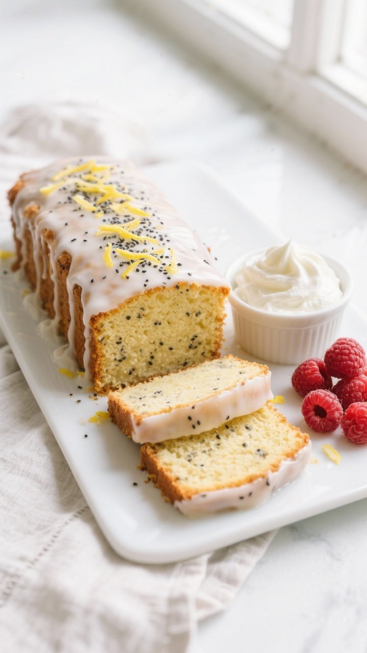Final dish, tasty top view: Overhead shot of the fully glazed keto lemon poppy seed cake on a white 