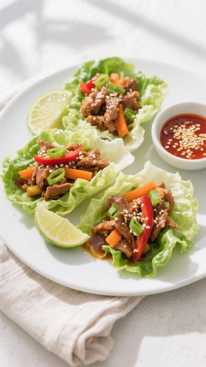 Final dish, tasty top view: Overhead shot of Turkey & Veggie Lettuce Wraps arranged on a matte white