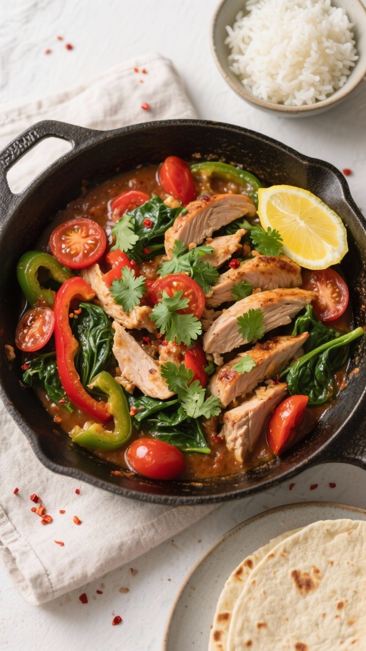 Final dish, tasty top view: Overhead shot of Turkey & Veggie Skillet served family-style in the pan,