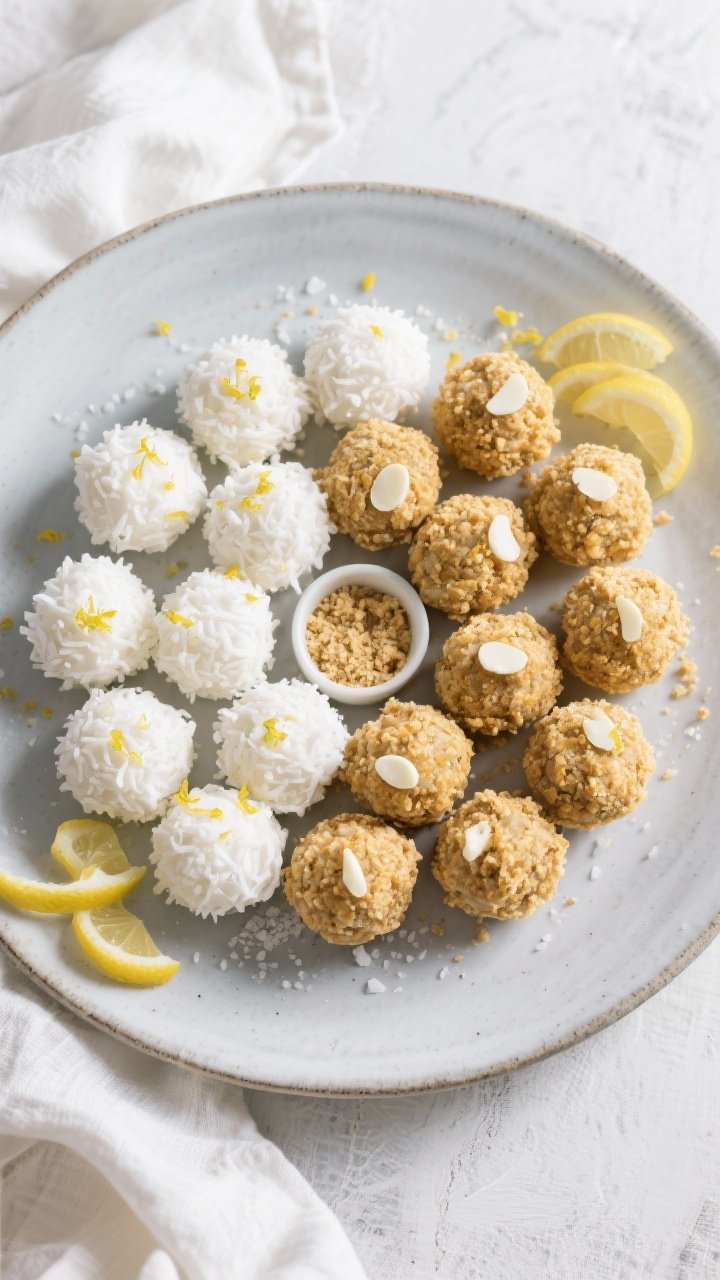 Final dish top-down: Overhead shot of a chilled platter of no-bake lemon cheesecake energy balls, ha
