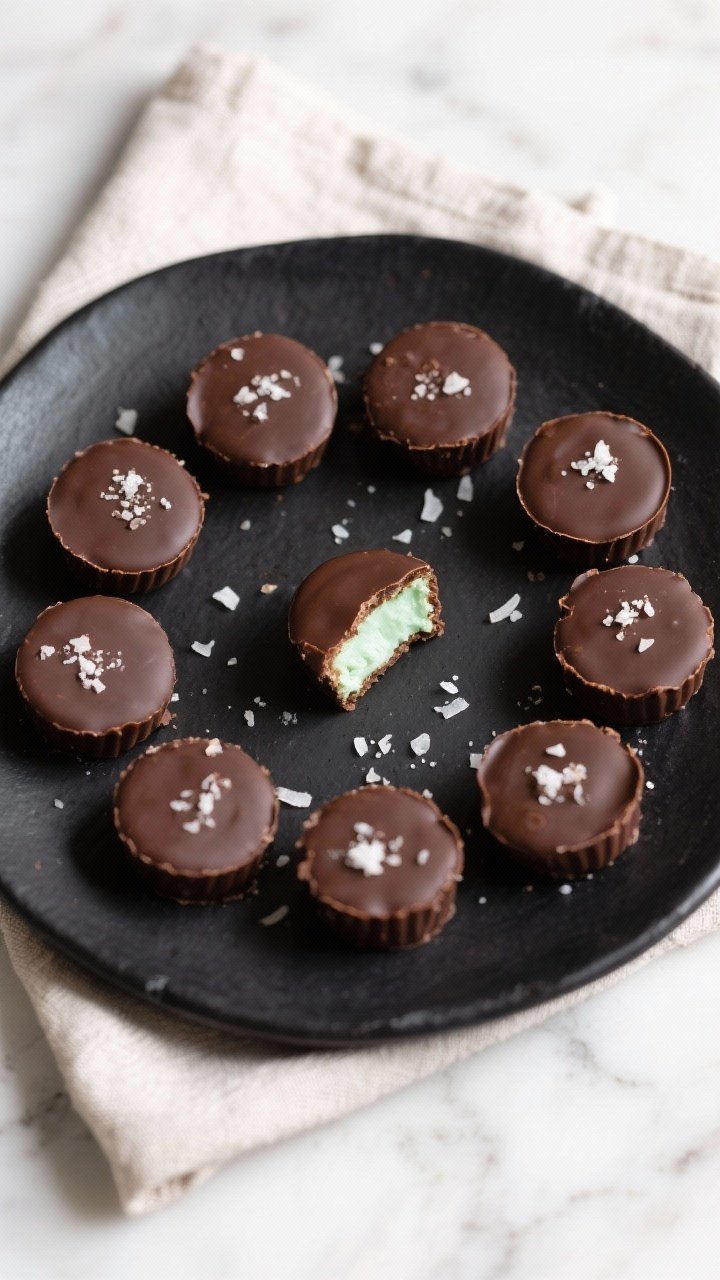 Final dish/top-down: Overhead shot of Keto Chocolate Mint Patty Bites neatly arranged in concentric 