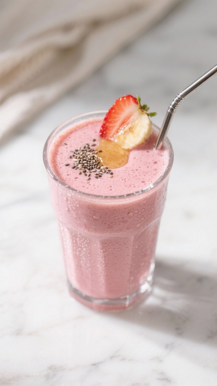 Final dish, top-down presentation: Overhead shot of a freshly poured Strawberry Banana Protein Smoot