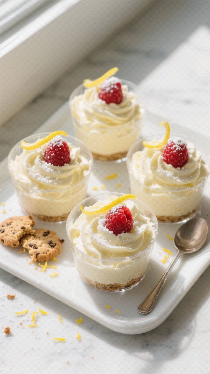 Final dish/top-down presentation: Overhead shot of Keto Lemon Cheesecake Fluff portioned into four c