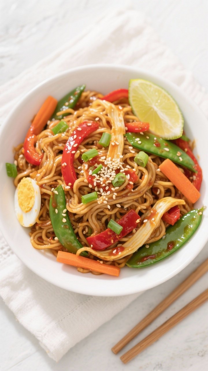 Final dish top view: Overhead shot of 15-minute ramen stir-fry plated in a wide white bowl, tangle o