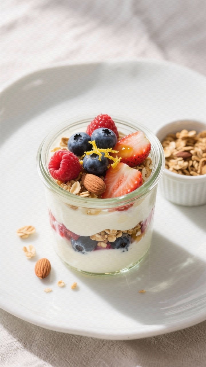 Final dish top view: Overhead shot of a Berry Almond Yogurt Parfait layered in a clear glass jar. Vi
