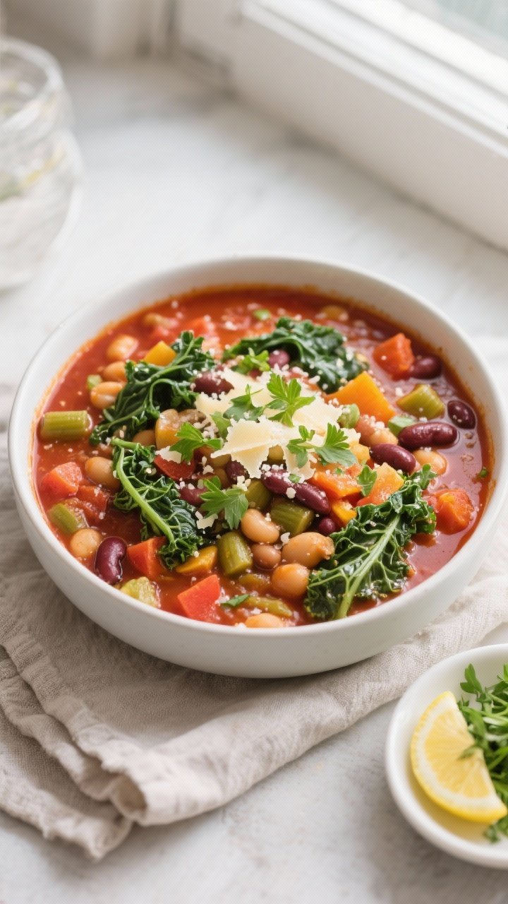 Final dish, top view: Overhead shot of a generous bowl of Veggie-Loaded Minestrone, thick and chunky