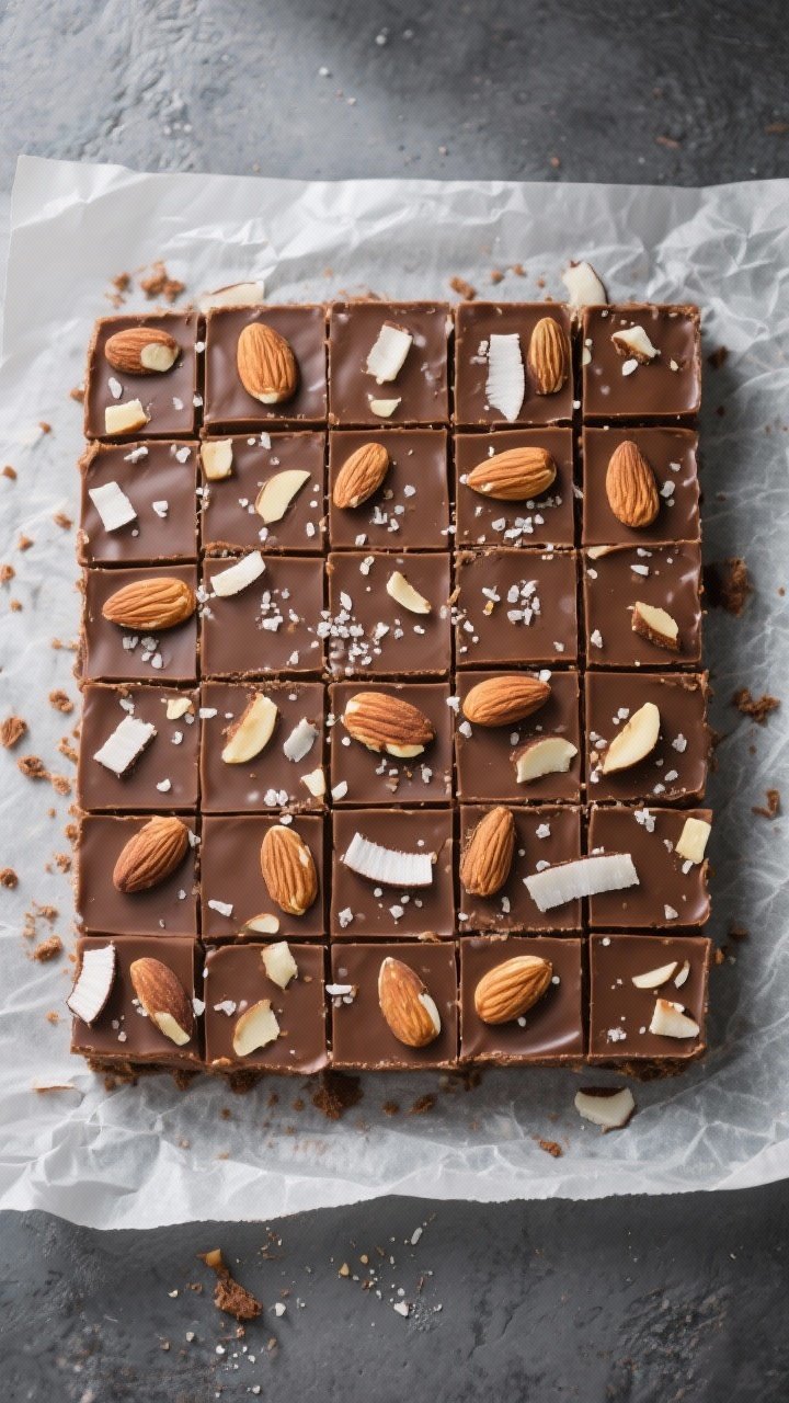 Final dish top view: Overhead shot of a neatly sliced slab of Keto Toasted Almond Coconut Fudge cut 