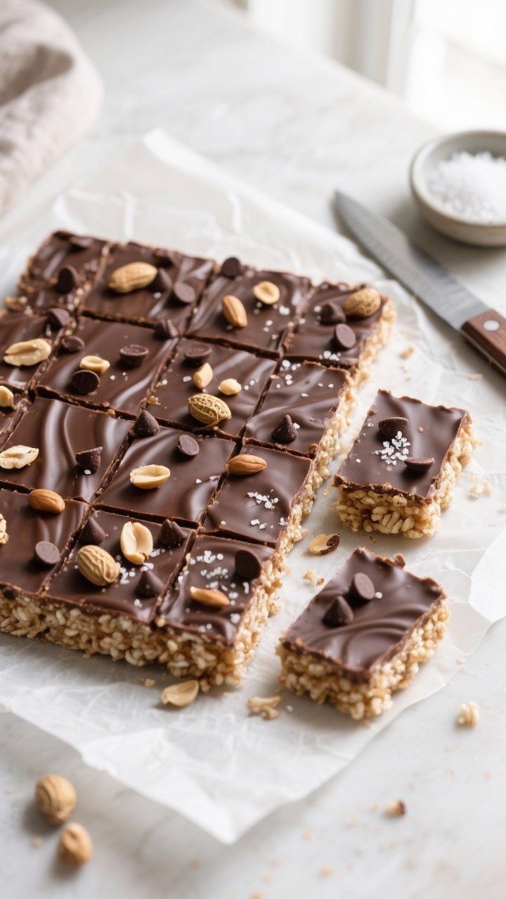 Final dish/top view: Overhead shot of an 8x8 slab of no-bake chocolate peanut butter protein Rice Kr