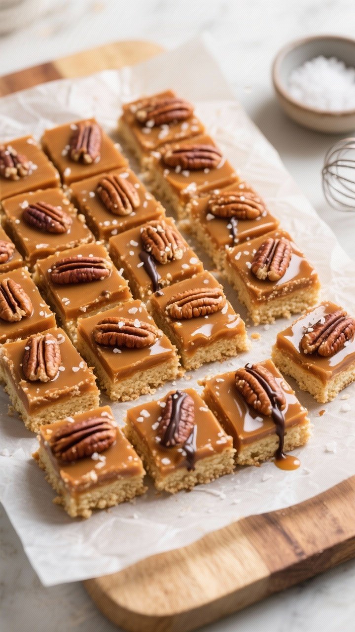 Final dish top view: Overhead shot of chilled Keto Caramel Pecan Bars cut into neat 16 squares on a 