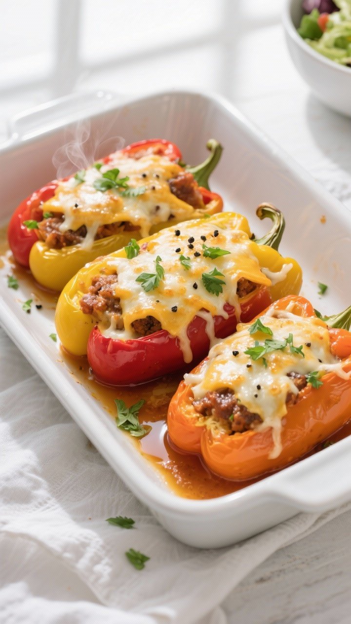 Final dish, top view: Overhead shot of colorful baked stuffed bell peppers (red, yellow, and orange)