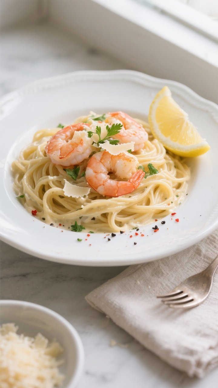 Final dish, top view: Overhead shot of Creamy Garlic Shrimp Pasta twirled into soft nests on a wide 