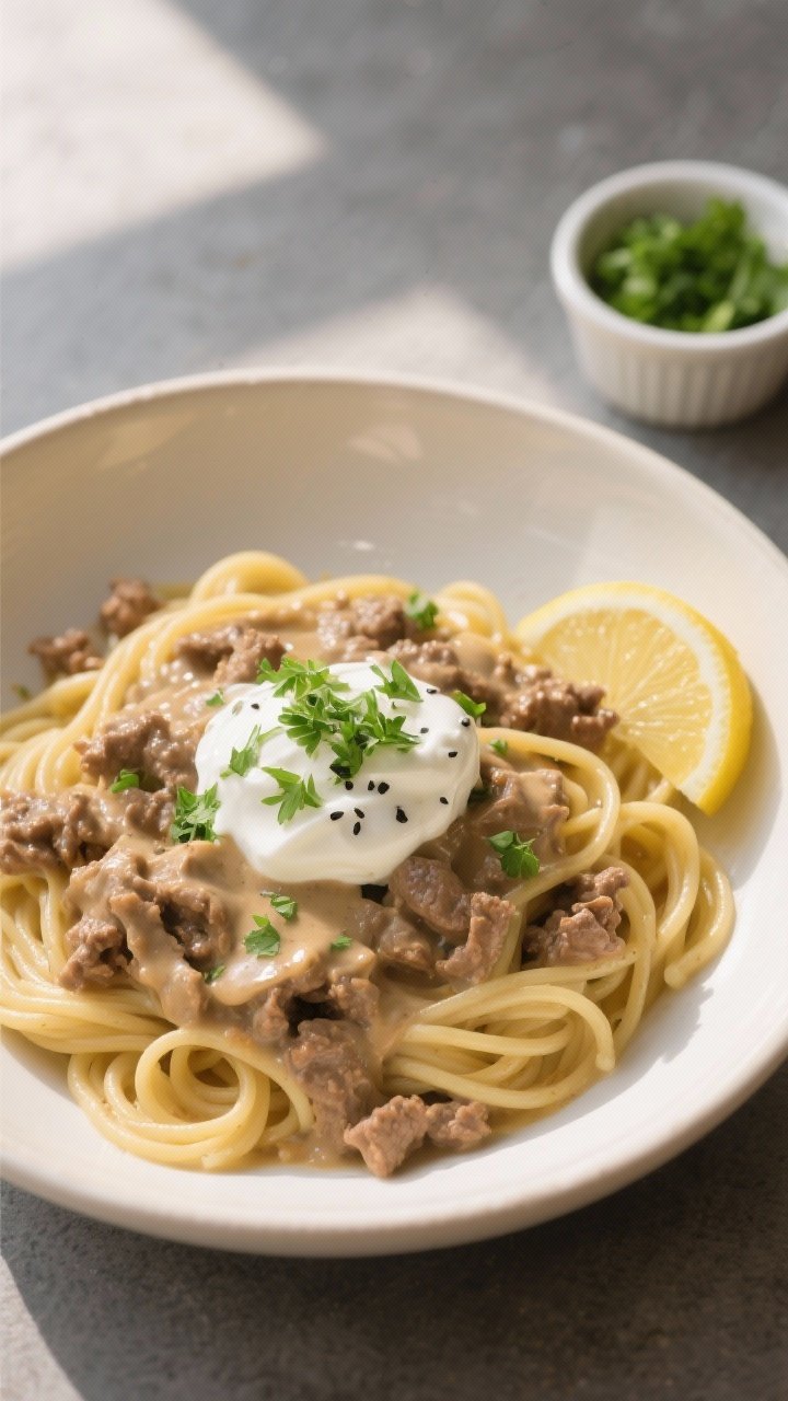 Final dish, top view: Overhead shot of creamy ground beef stroganoff folded with buttered egg noodle
