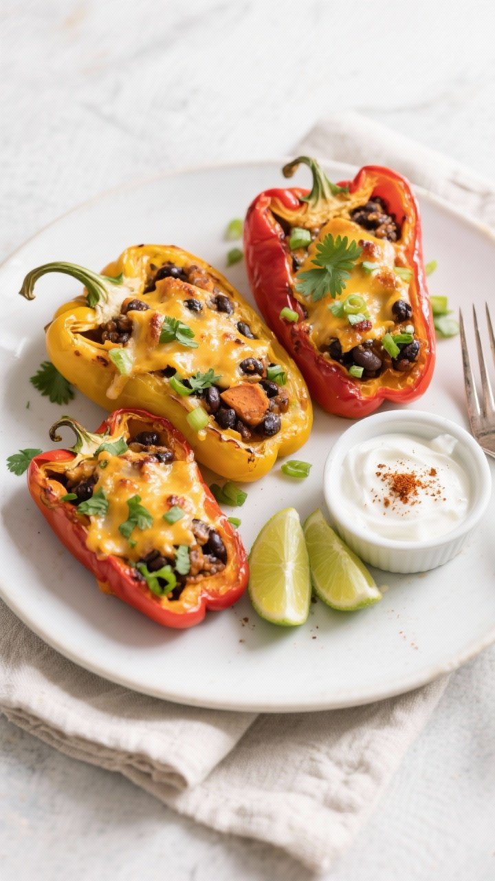 Final dish, top view: Overhead shot of finished Sweet Potato & Black Bean Stuffed Peppers on a matte