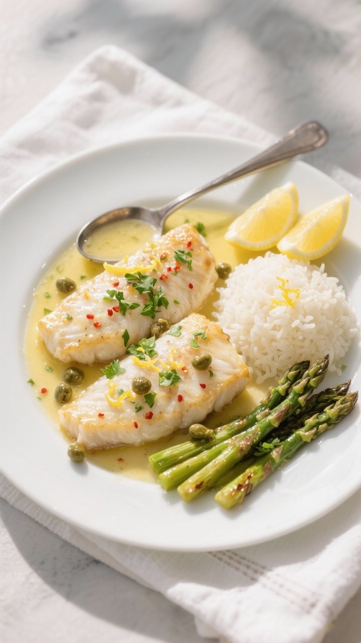 Final dish, top view: Overhead shot of Lemon Butter Tilapia plated on a white ceramic plate—two fi