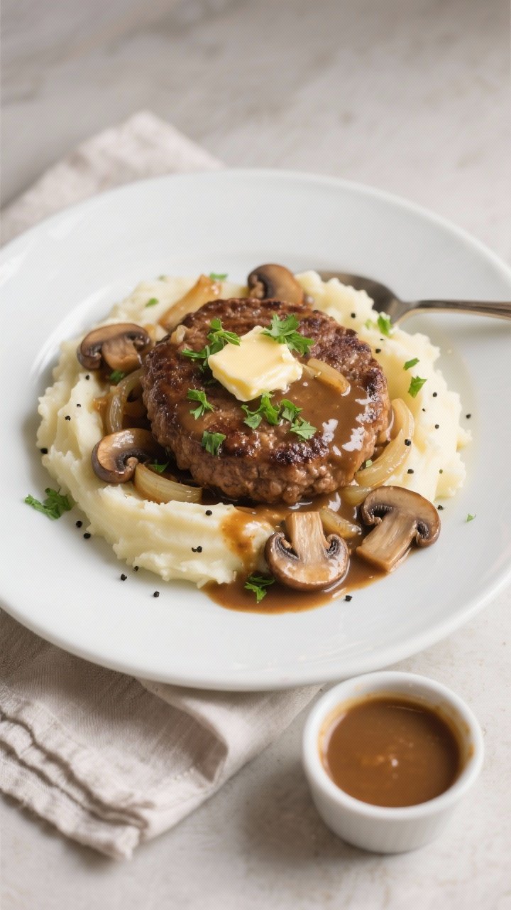Final dish, top view: Overhead shot of Salisbury steak plated over creamy mashed potatoes, gravy gen