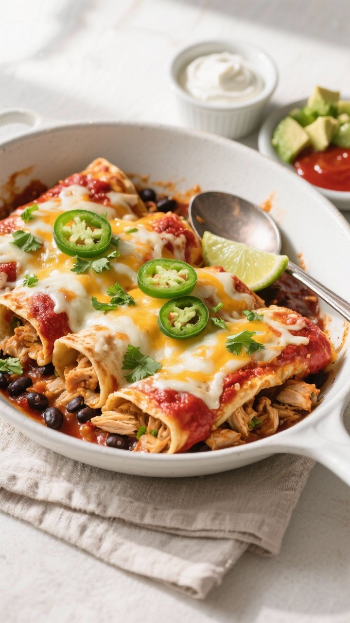 Final dish, top view: Overhead shot of skillet chicken enchiladas with a gooey, fully melted Montere