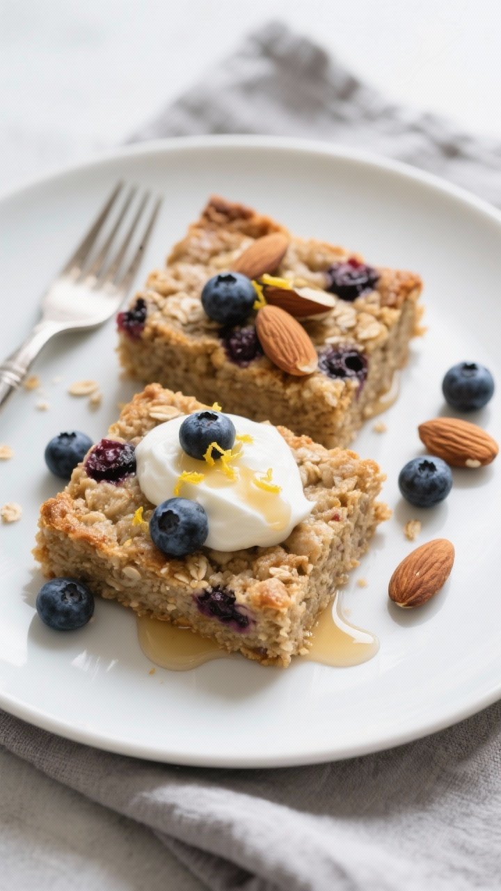 Final dish, top view: Overhead shot of two neatly cut squares of blueberry almond baked oatmeal on a