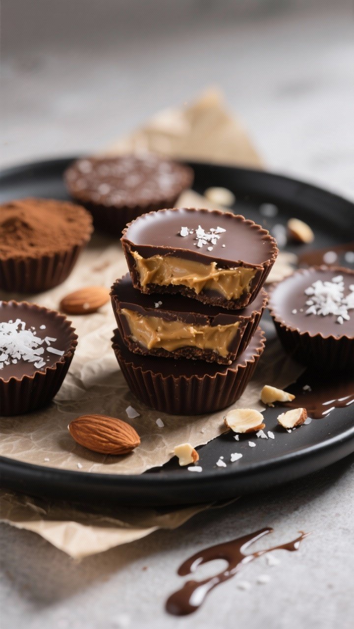 Final plated beauty shot: Finished keto chocolate almond butter cups, unwrapped, stacked and halved 