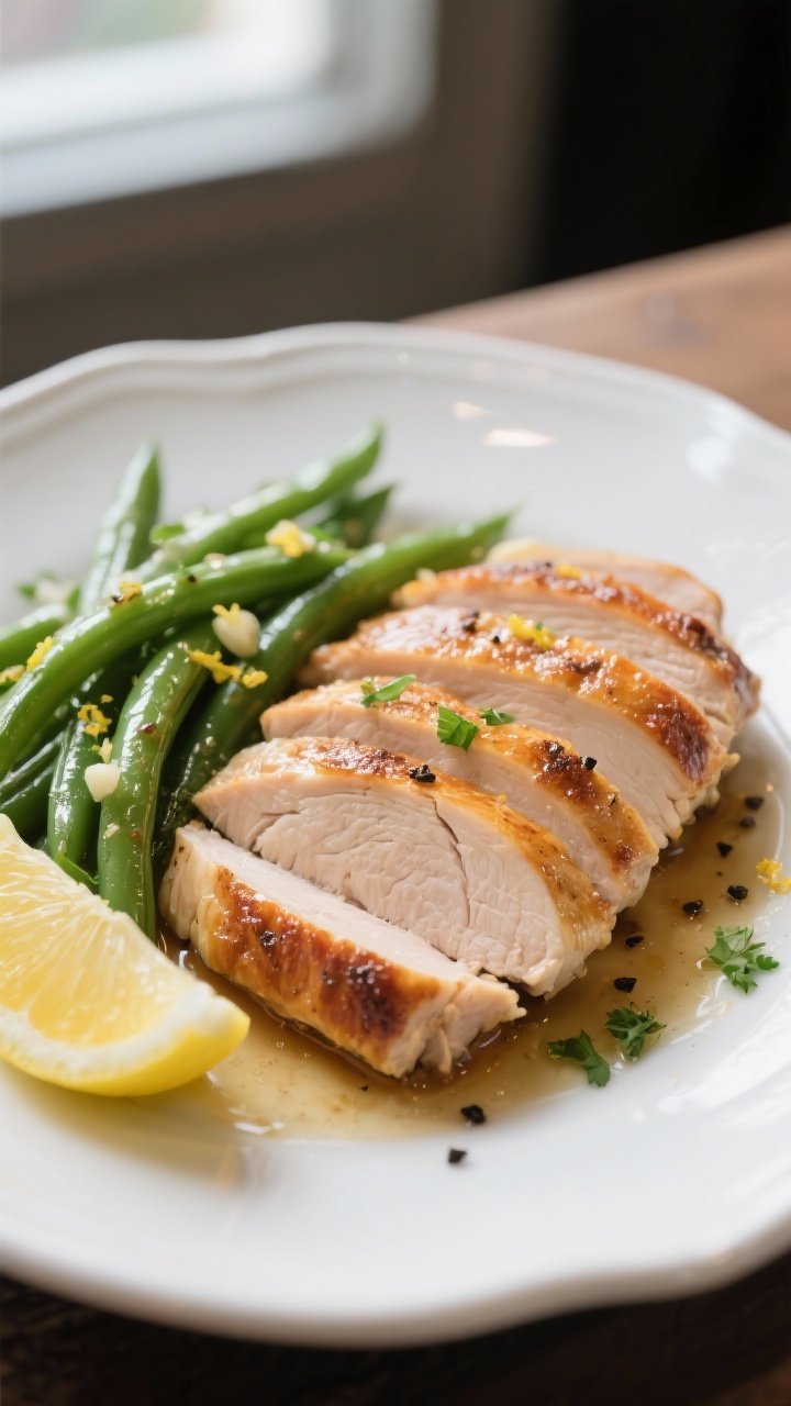 Final plated, close-up: Close-up of sliced baked turkey breast fanned on a white ceramic plate, juic