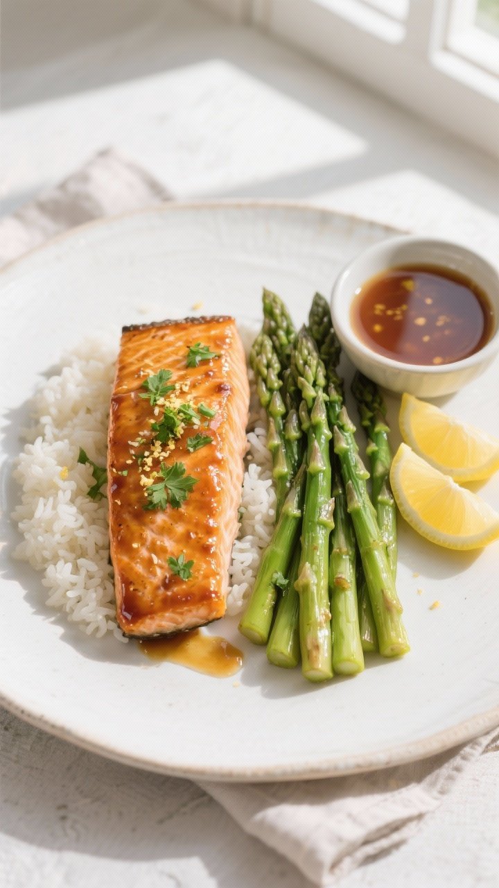 Final plated overhead: Beautifully plated Honey Garlic Salmon with Asparagus on a matte white dinner